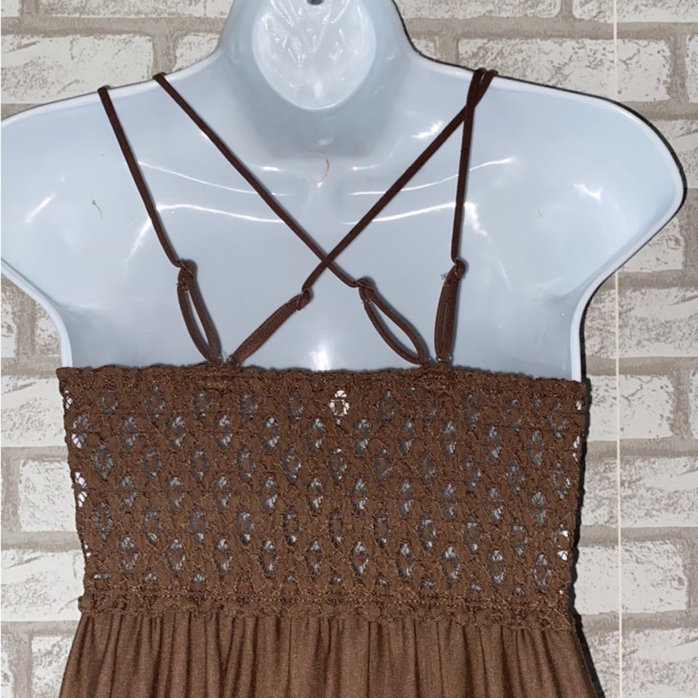Brown Crochet Lace Cami Mini Dress Tiered Boho Sundress - Picture 4 of 4